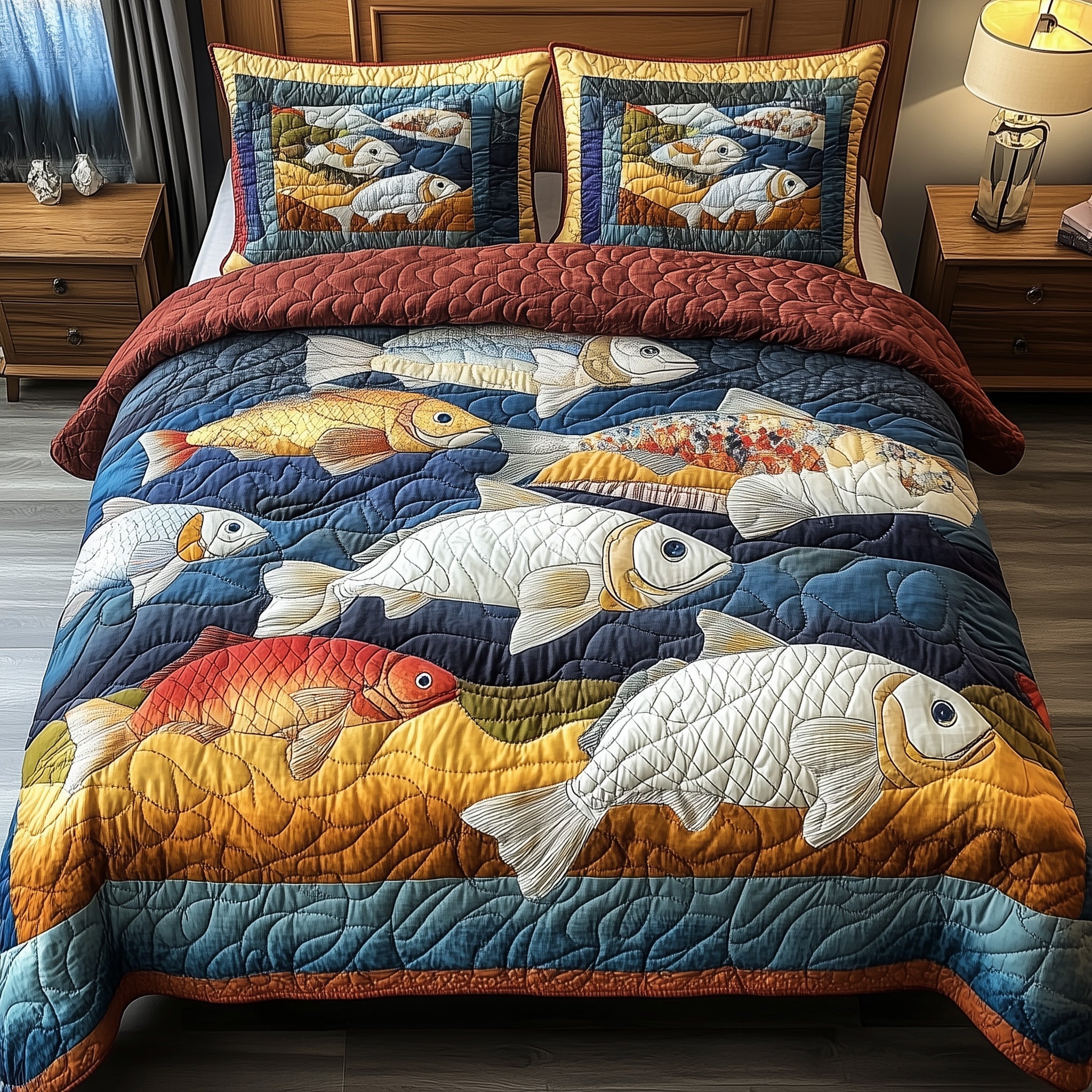Cheerful Fishes Quilted Bedding Set Cheerful Fishes Bedscape Gift For Cheerful Lovers - Tradiviet