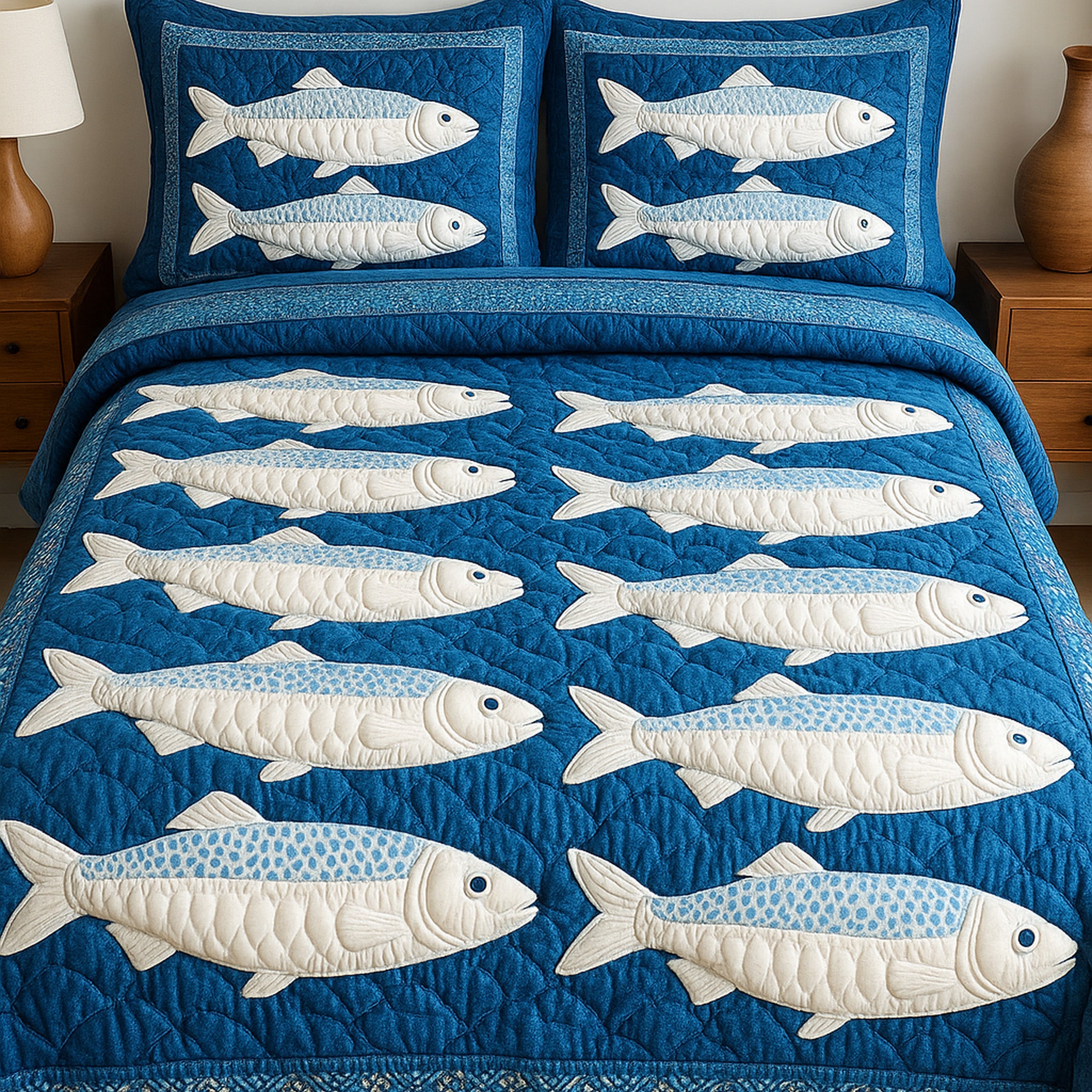Cheerful Fishes Quilted Bedding Set Cheerful Fishes Bohemian Gift For Fishes Fans - Tradiviet
