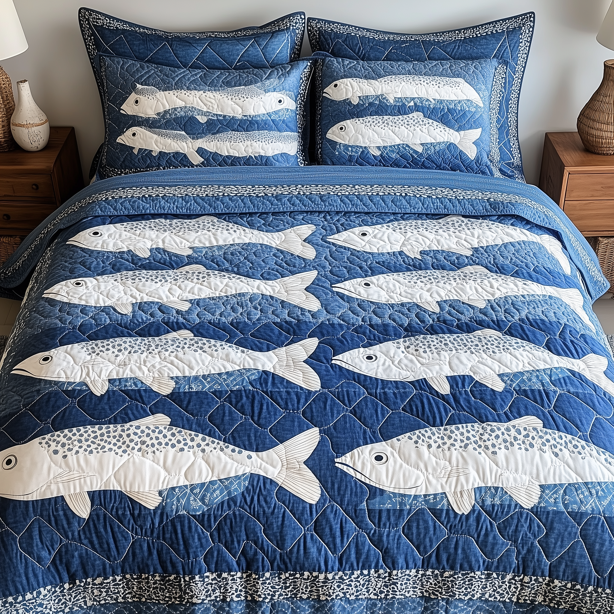 Cheerful Fishes Quilted Bedding Set Cheerful Fishes Escape Gift For Cheerful Fishes - Tradiviet
