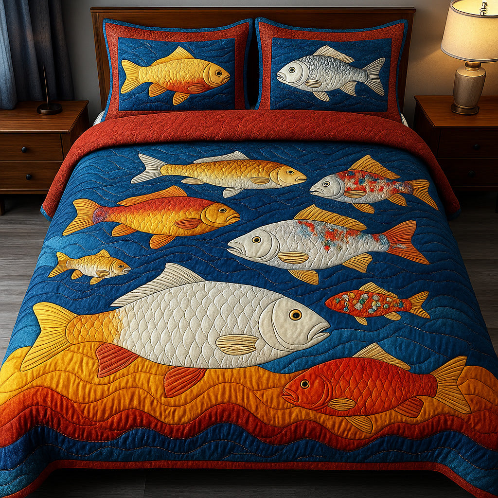 Cheerful Fishes Quilted Bedding Set Cheerful Fishes Forest Gift For Cheerful Fans - Tradiviet