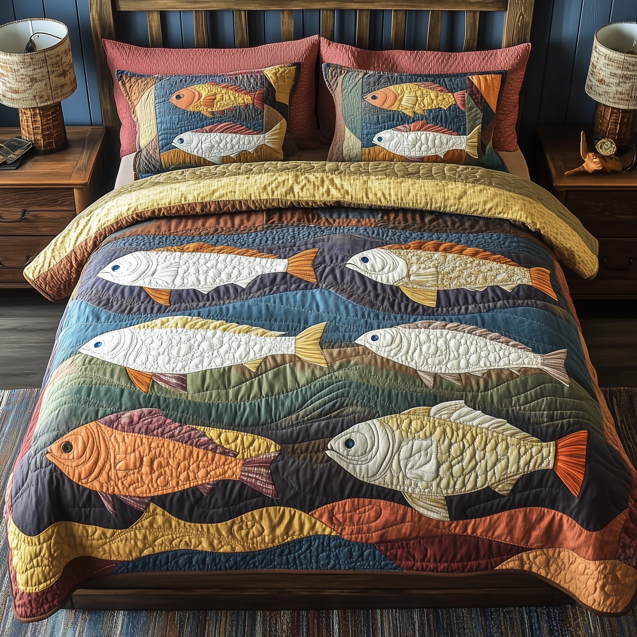 Cheerful Fishes Quilted Bedding Set Cheerful Fishes Patch Gift For Fishes - Tradiviet
