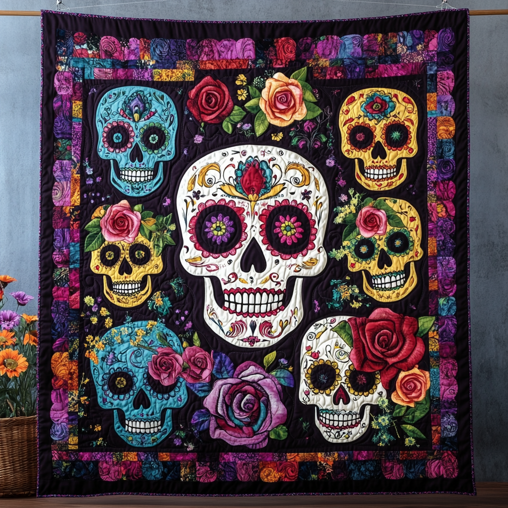 Cheerful Sugar Skull Quilted Blanket Holiday Decorations Gift For Nana - Tradiviet