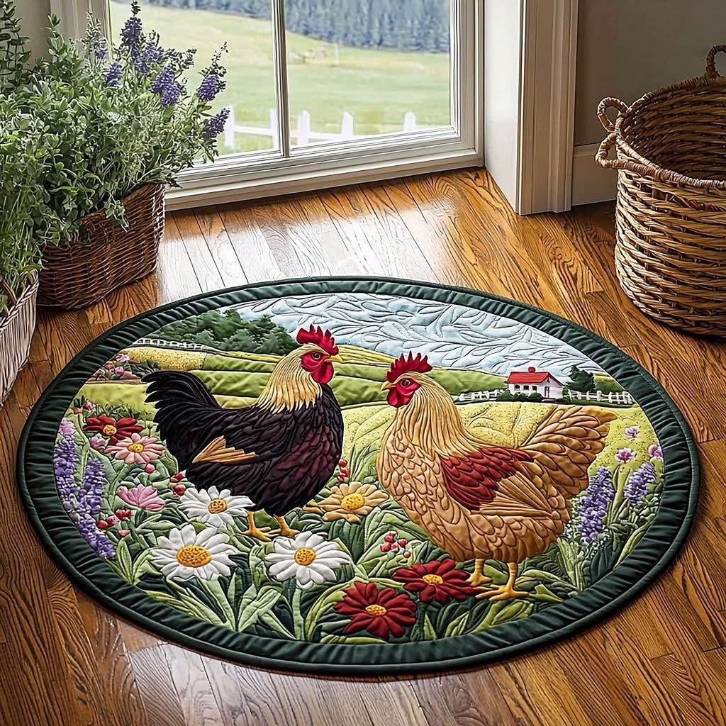 Chicken On The Field Quilted Round Mat Farmhouse Home Decor Christmas Gifts For Chicken Lovers - Tradiviet