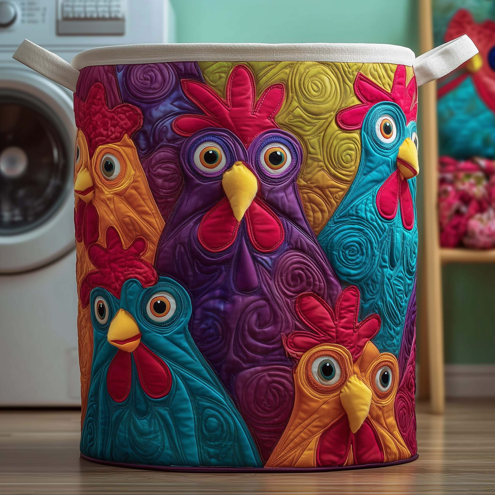 Chickens Patchwork Quilted Laundry Basket Whimsical Storage Basket Gifts For Chicken Lovers - Tradiviet