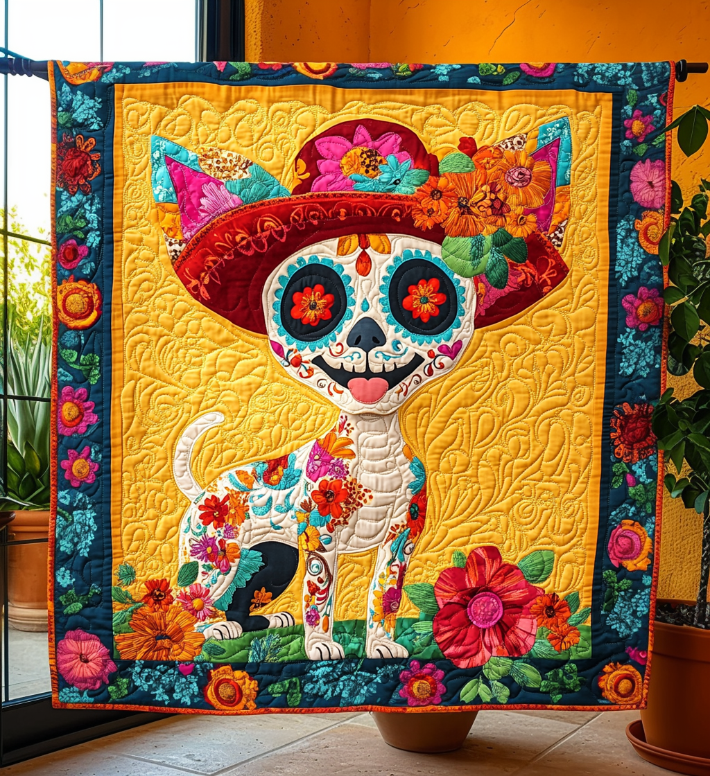 Chihuahua Dia De Los Muertos Quilted Blanket Autumn Inspired Bedroom Gift For Cozy Home - Tradiviet