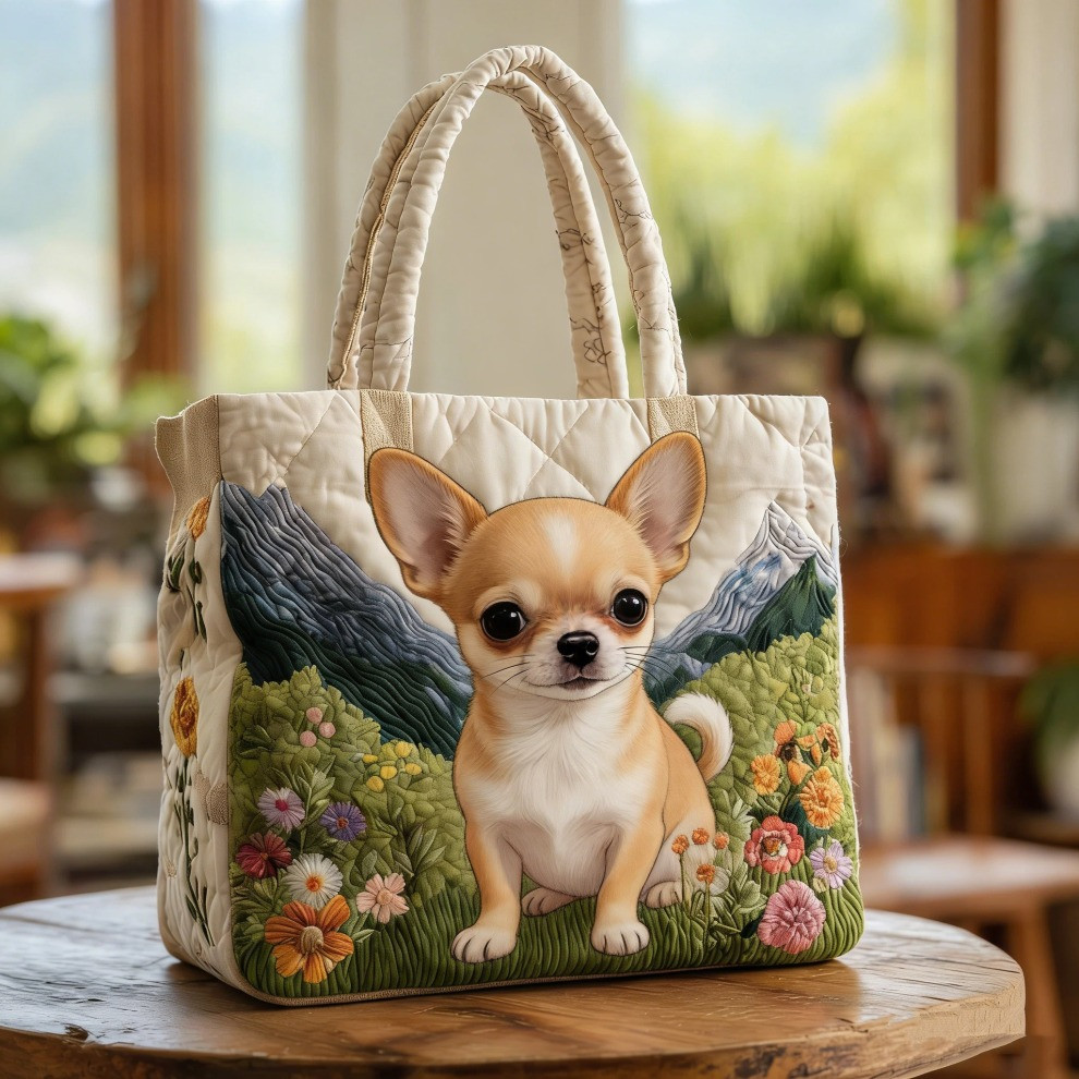 Chihuahua Quilted Tote Bag Cute Dog Floral Totes Best Gifts For Chihuahua Owners Lovers - Tradiviet