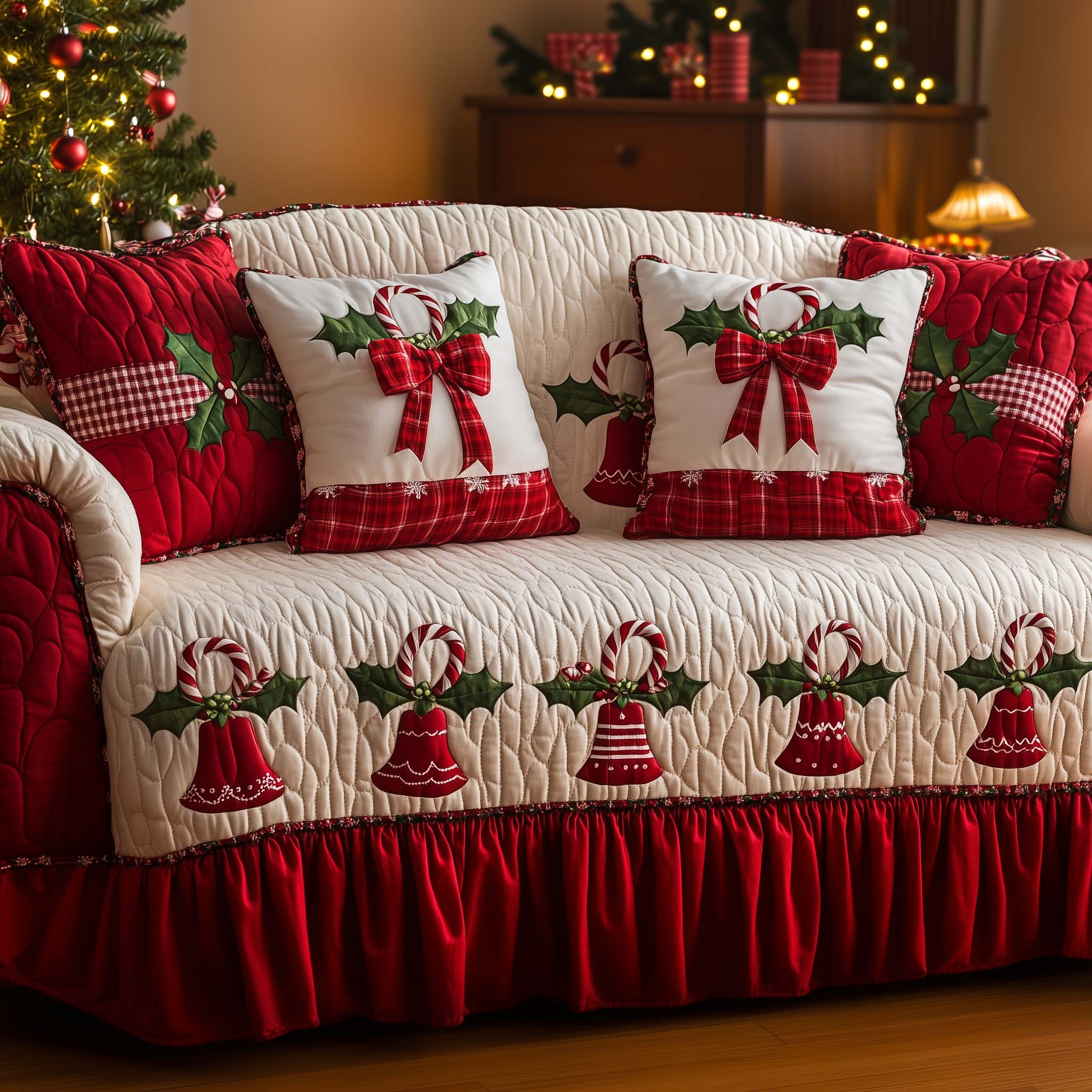 Christmas Bells Quilted Sofa Cover Christmas Home Couch Cover Great Home Decor Finds - Tradiviet