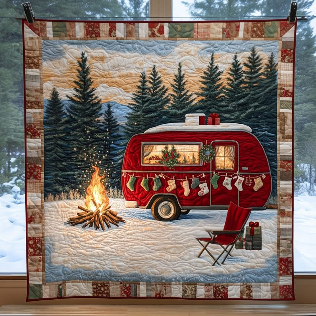 Christmas Camper Car Quilted Blanket Cute Xmas Present Ideas For People Who Like Camping - Tradiviet