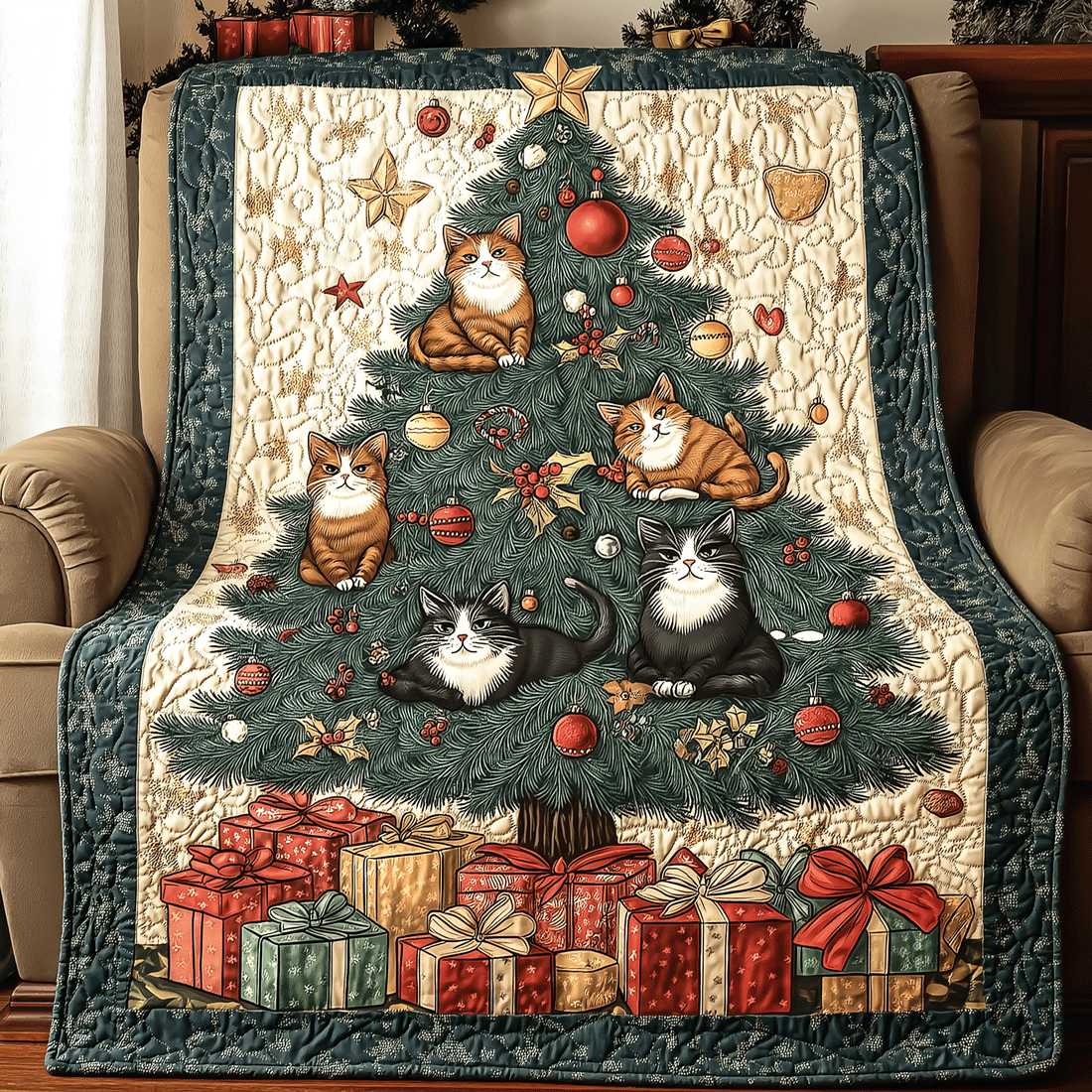 Christmas Cats Quilted Blanket Semiquincentennial Gift For Mom - Tradiviet
