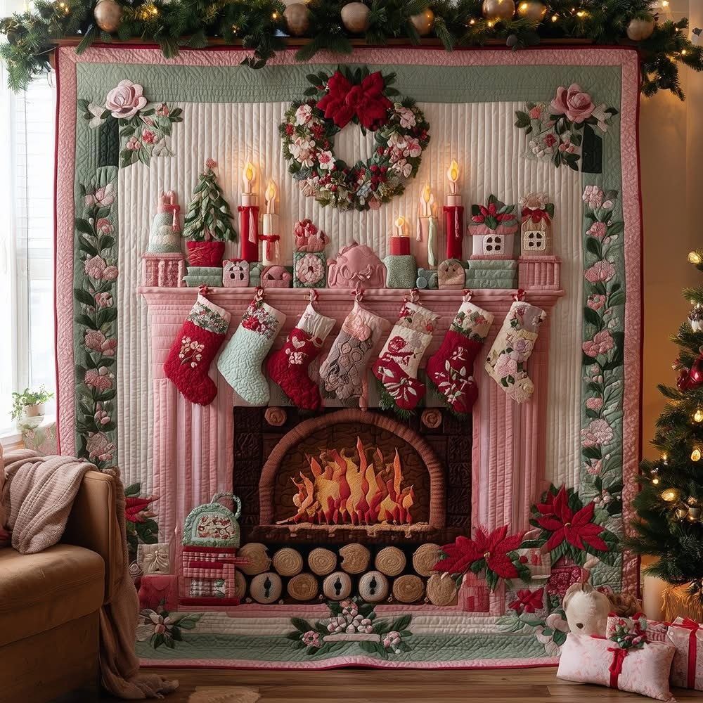 Christmas Fireplace Quilted Blanket Cozy Xmas Ideas Gifts For Your Friend Family - Tradiviet