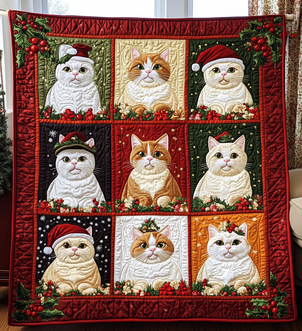 Christmas Kitty Quilted Blanket Vacation House Decoration Gift For Couple - Tradiviet