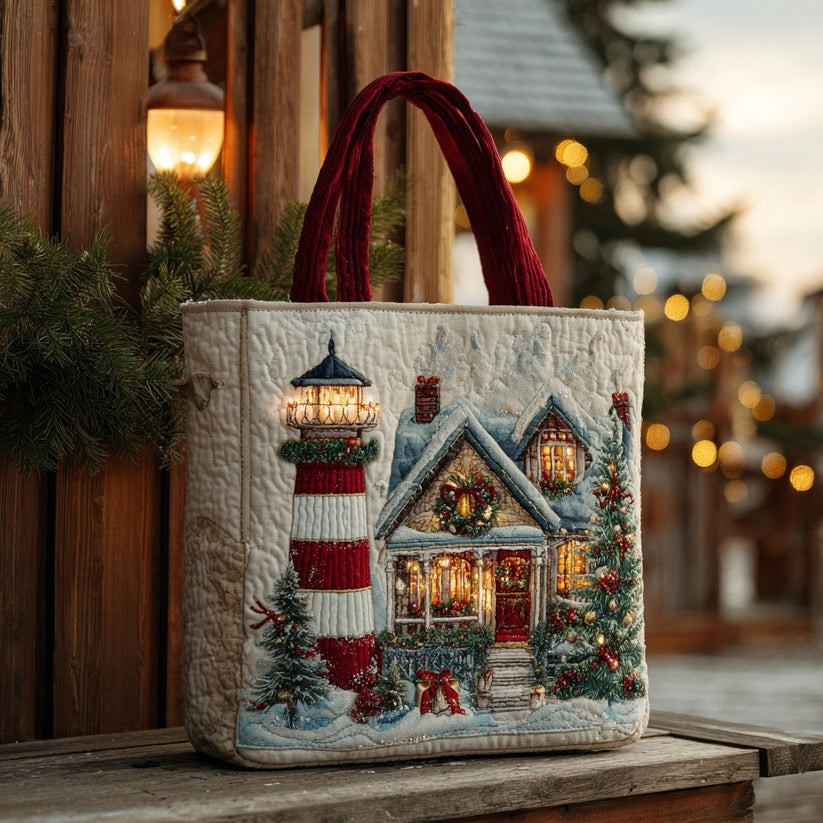 Christmas Lighthouse Quilted Tote Bag Cute Winter Holiday Xmas Gifts For Girlfriend - Tradiviet - Image 2