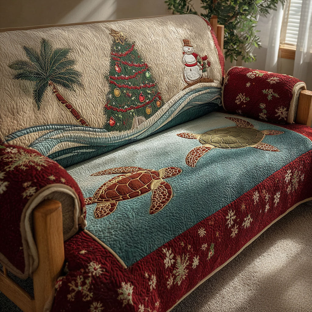 Christmas Palm Turtle Quilted Sofa Cover Christmas Home Decor Sea Turtle Merchandise - Tradiviet