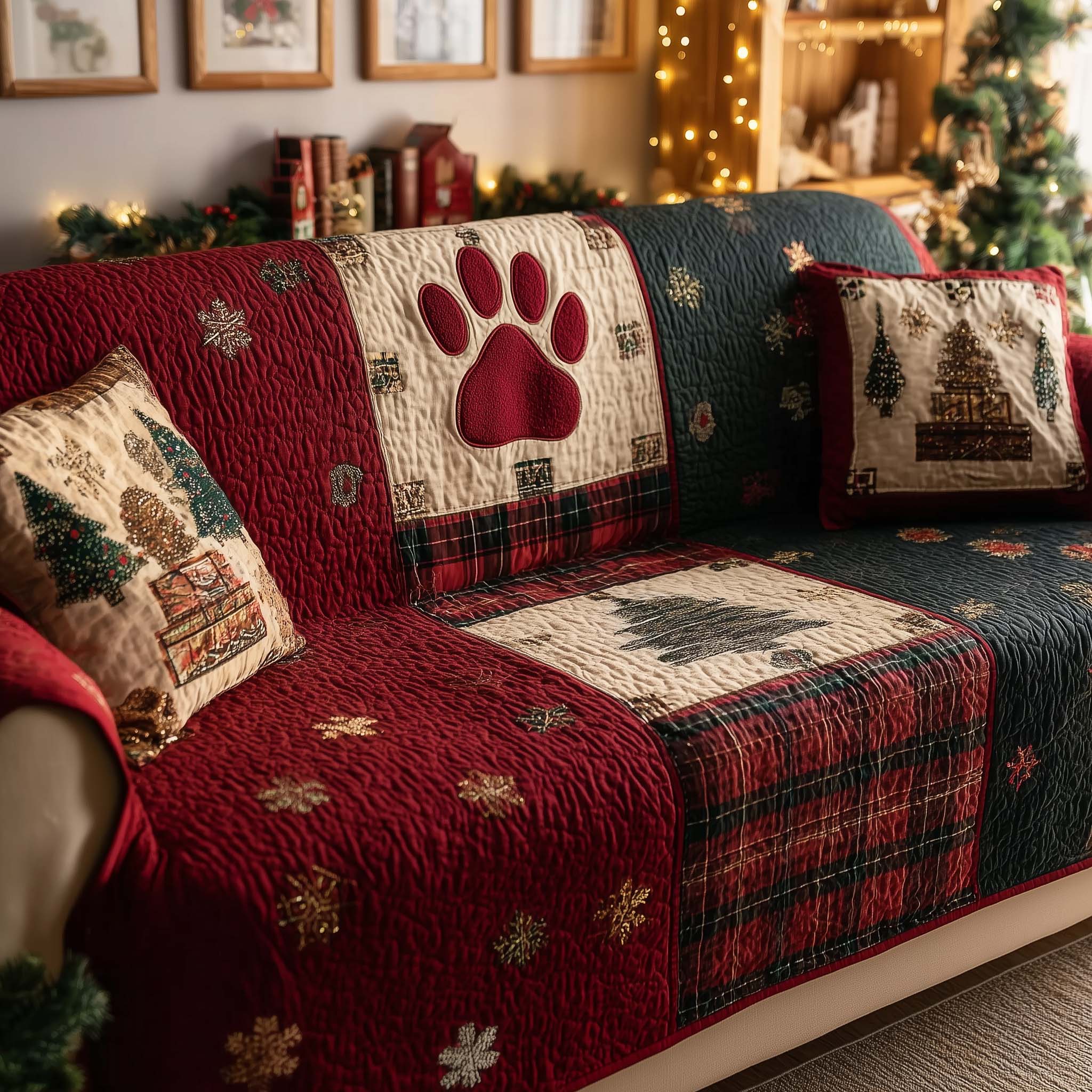 Christmas Paw Quilted Sofa Cover Christmas Home Couch Cover New Home Gift Ideas - Tradiviet