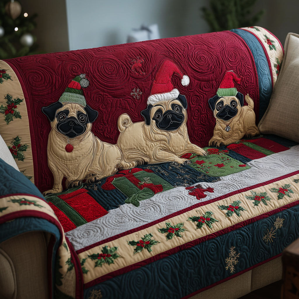 Christmas Pug Hug Quilted Sofa Cover Christmas Living Room Decor Best Christmas Present For Dog - Tradiviet