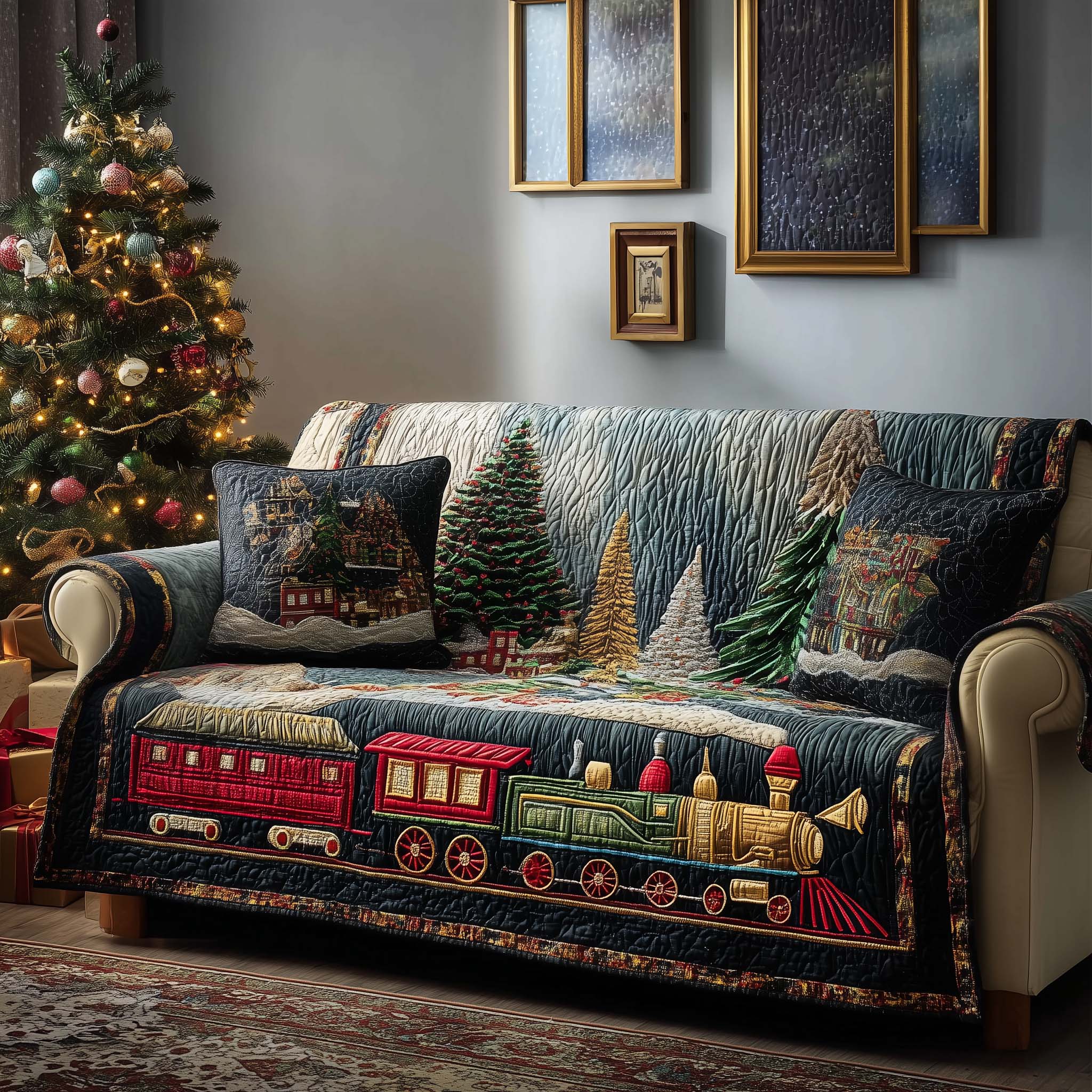 Christmas Train Quilted Sofa Cover Christmas Home Couch Cover Home Gifts For Her - Tradiviet