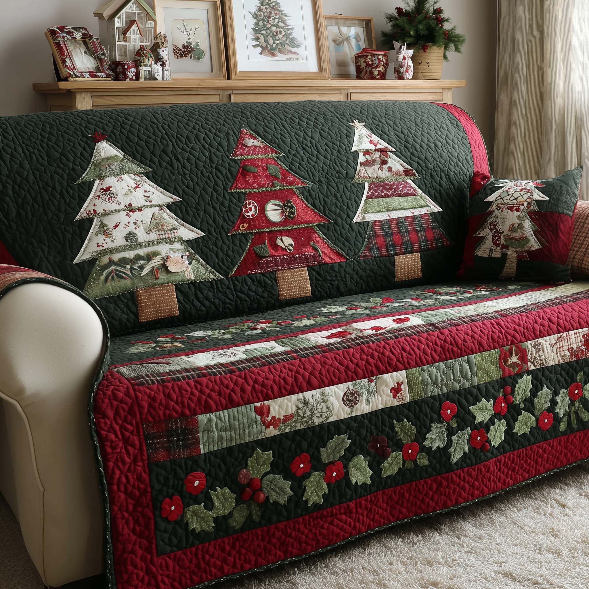 Christmas Tree Quilted Sofa Cover Christmas Home Couch Cover Gift For New Homeowners - Tradiviet