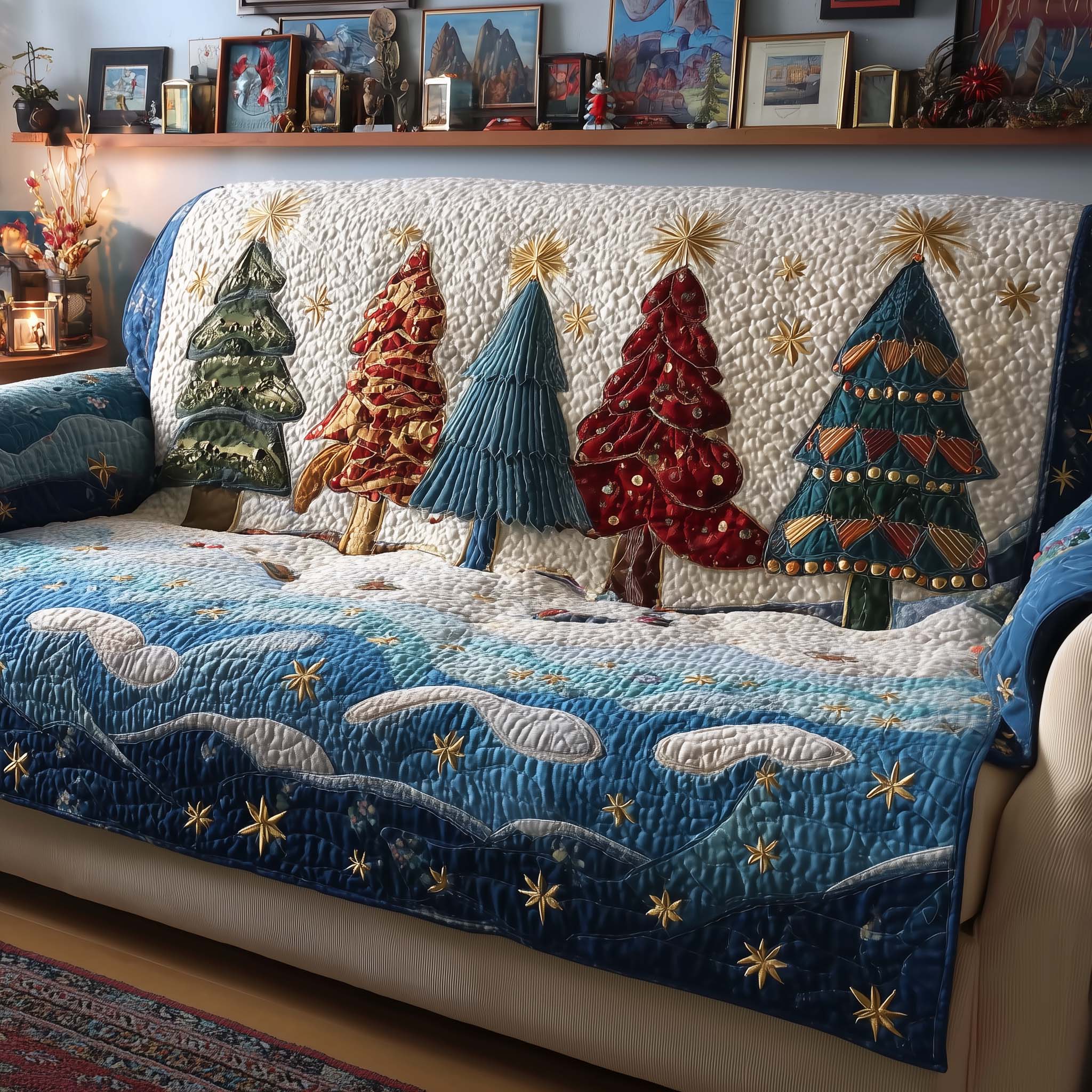 Christmas Tree Quilted Sofa Cover Christmas Home Couch Cover Unique Room Decor Gifts - Tradiviet