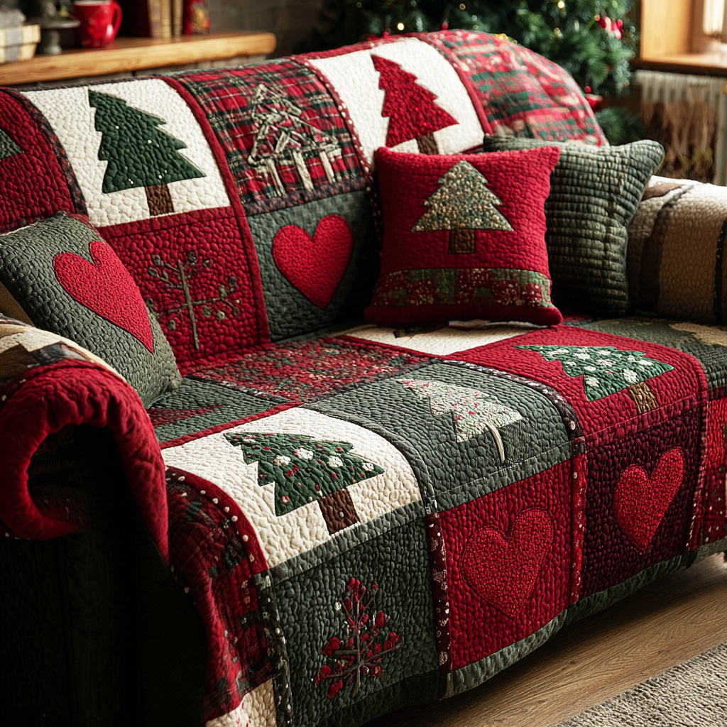 Christmas Twin Hearts Quilted Sofa Cover Holiday Living Christmas Decor Christmas Presents For Mom - Tradiviet