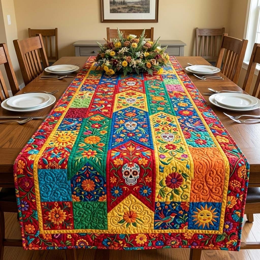 Cinco De Mayo Quilted Table Runner Rustic Quilted Sugar Skull Dining Room Decor Gift Ideas - Tradiviet