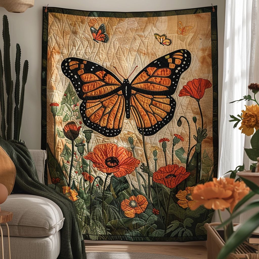 Citrus Glow Monarch Butterflies Quilted Blanket Holiday Room Gift For Housewarming - Tradiviet