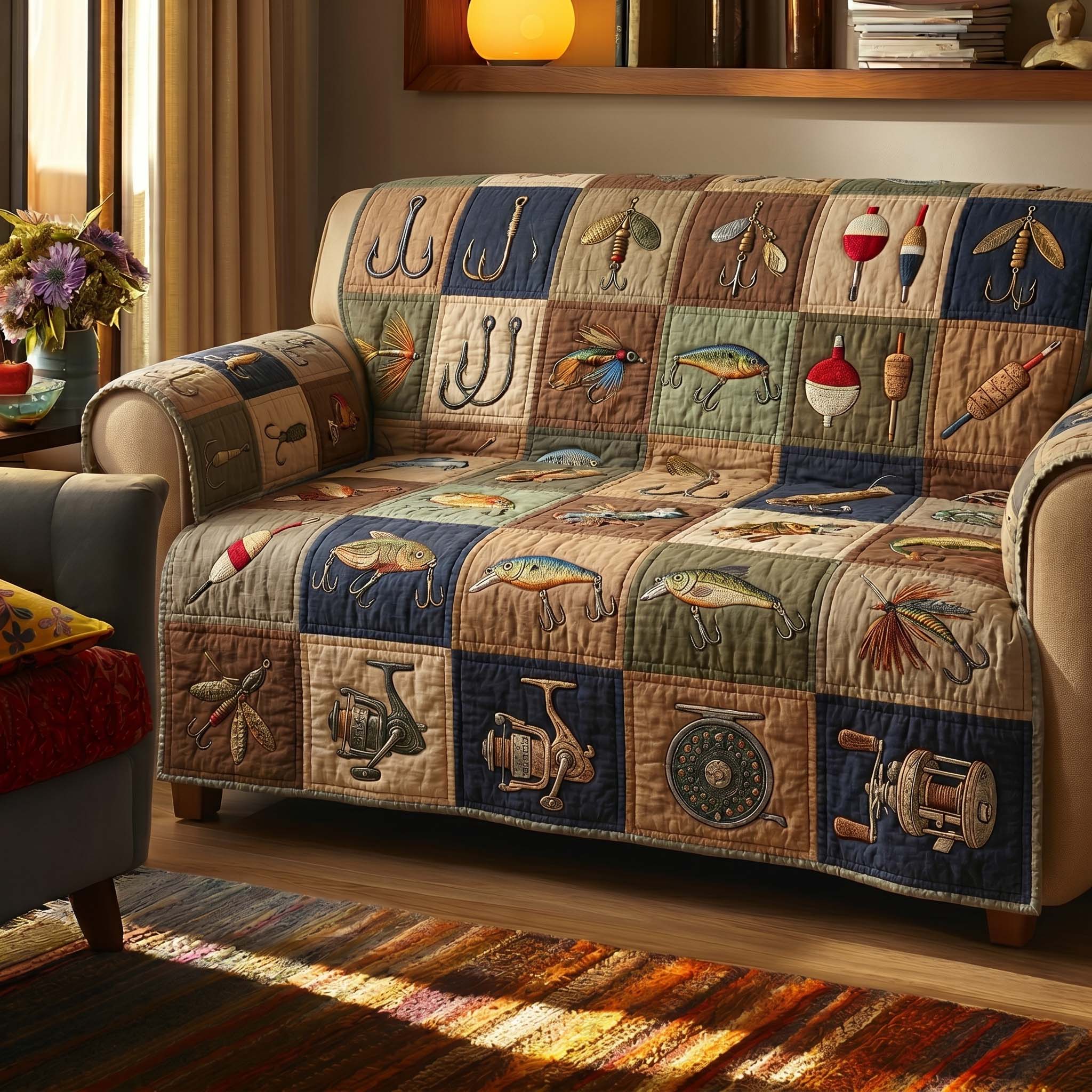 Classic Angler Patch Quilted Sofa Cover Lakeside Home Couch Cover Gift For Home Lover - Tradiviet