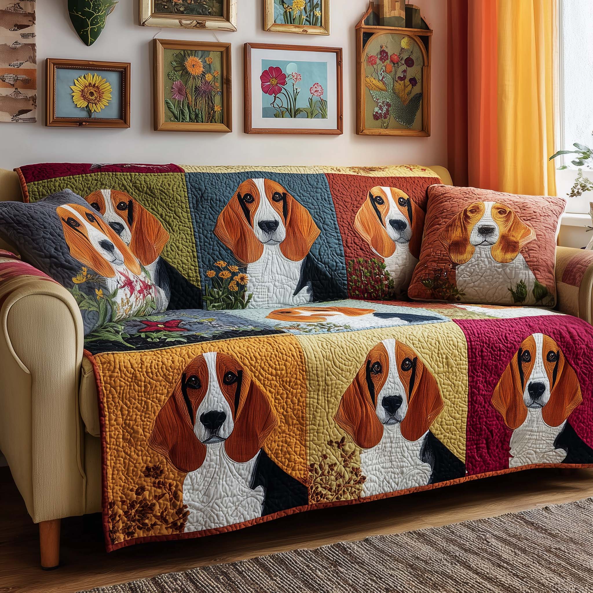 Classic Basset Quilted Sofa Cover Pet Home Couch Cover Gift For House Lover - Tradiviet