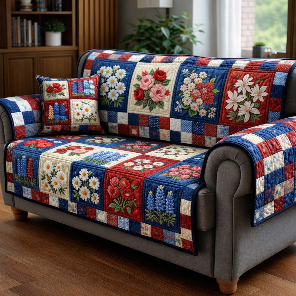 Classic Floral Patchwork Quilted Sofa Cover Floral Home Couch Cover Unique Home Decor Finds - Tradiviet
