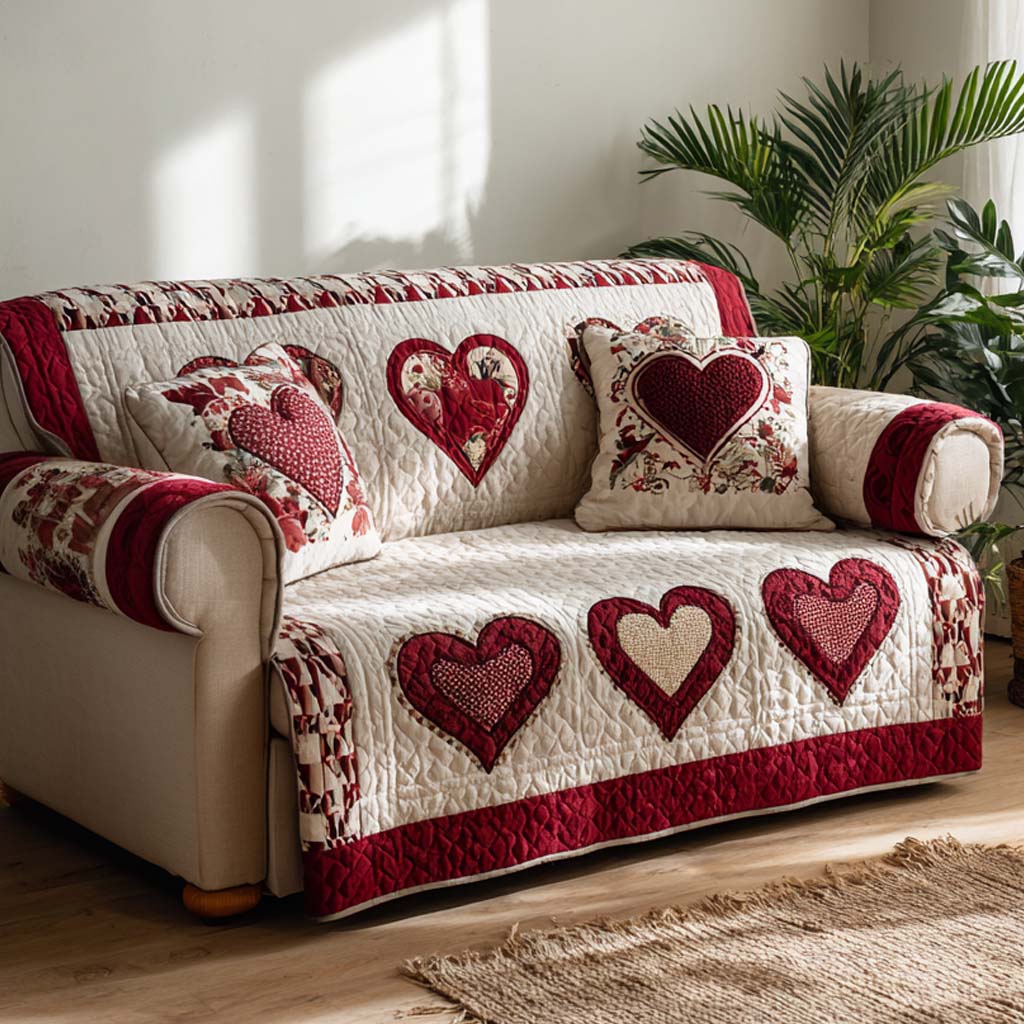 Classic Hearts Quilted Sofa Cover Natural Room Decor Gift For New Home - Tradiviet