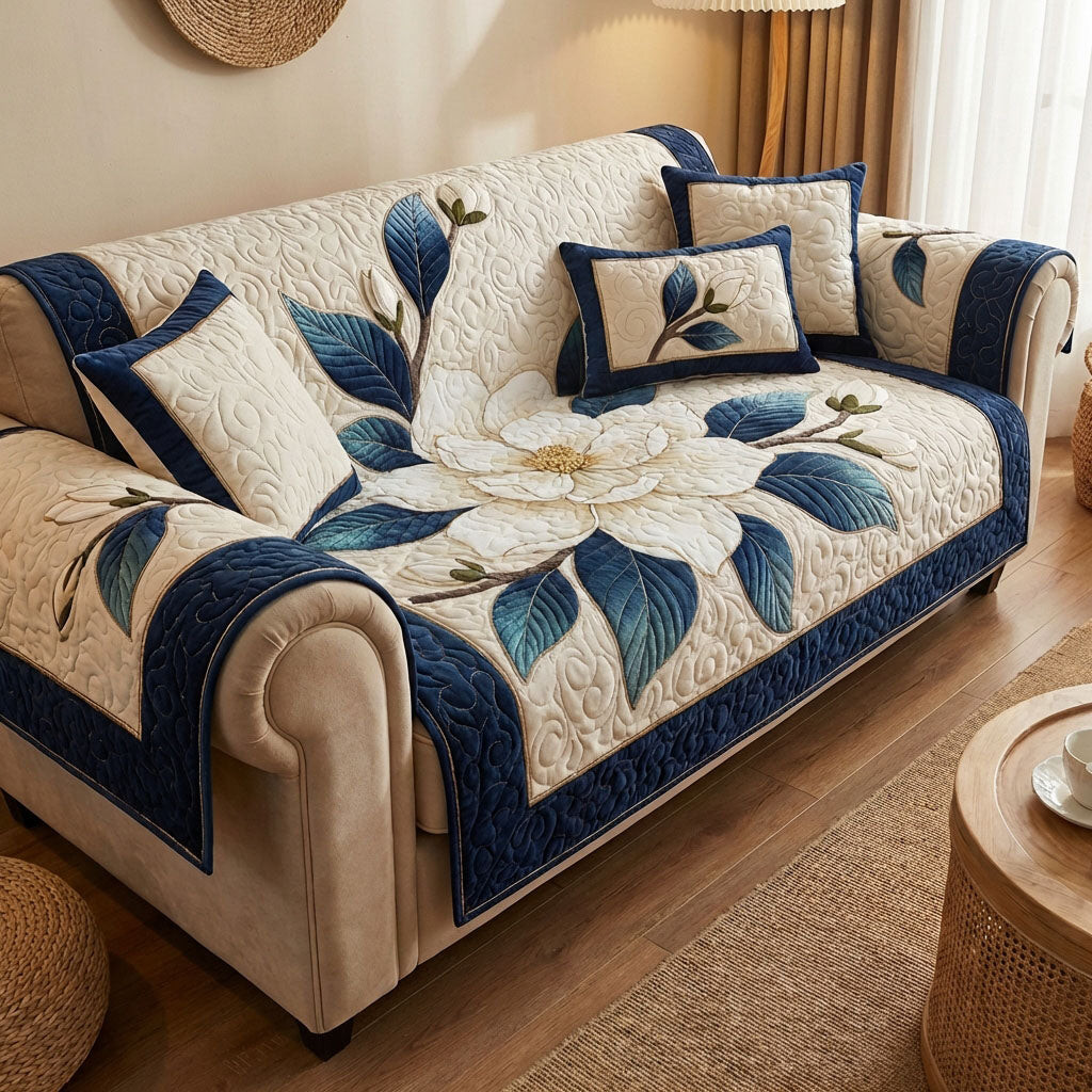 Classic Magnolia Blue Quilted Sofa Cover Best Couch Slipcovers Luxury Mother's Day Gifts - Tradiviet