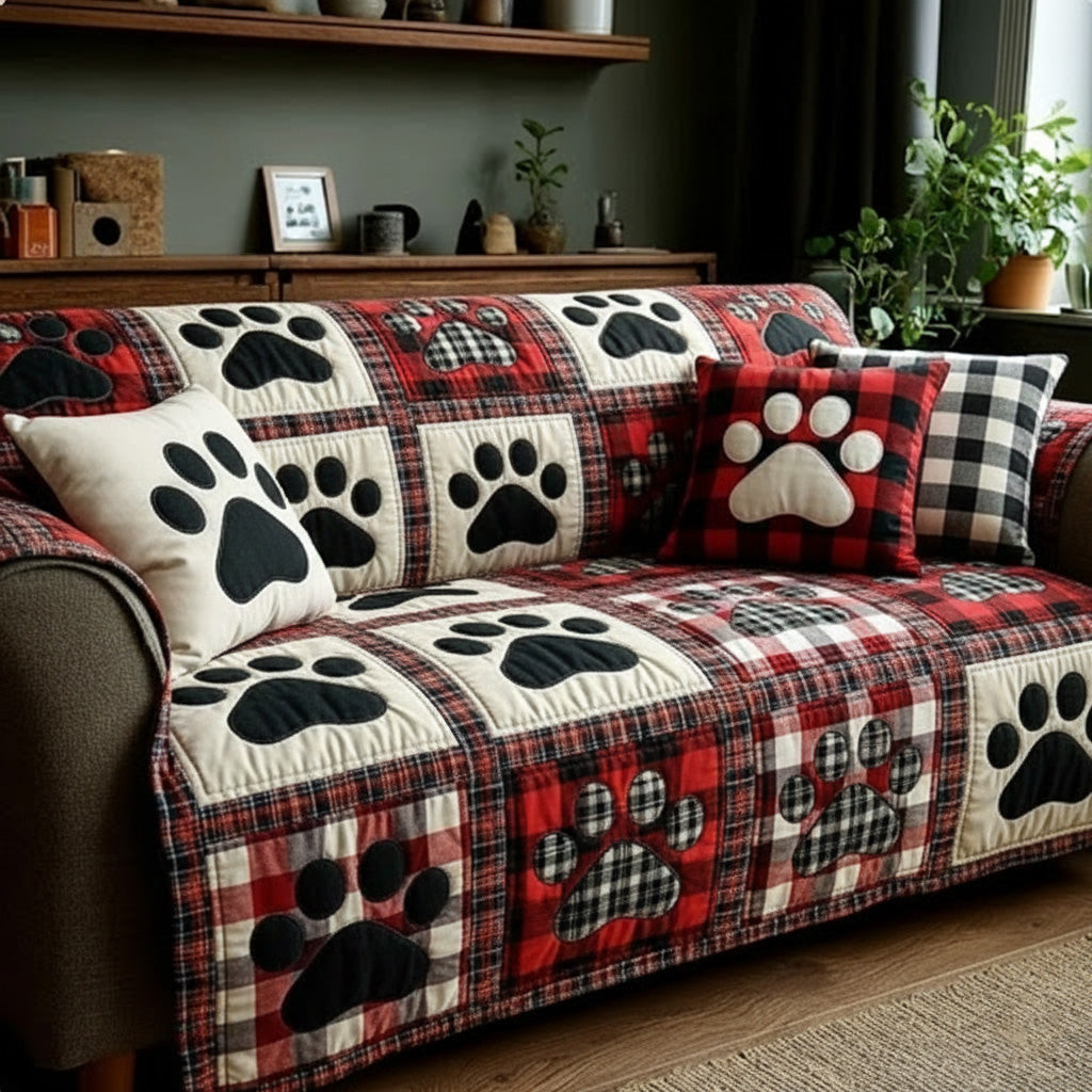 Classic Plaid Love Paw Quilted Sofa Cover Cute Sofa Slipcovers Best Presents For Dog Lovers - Tradiviet