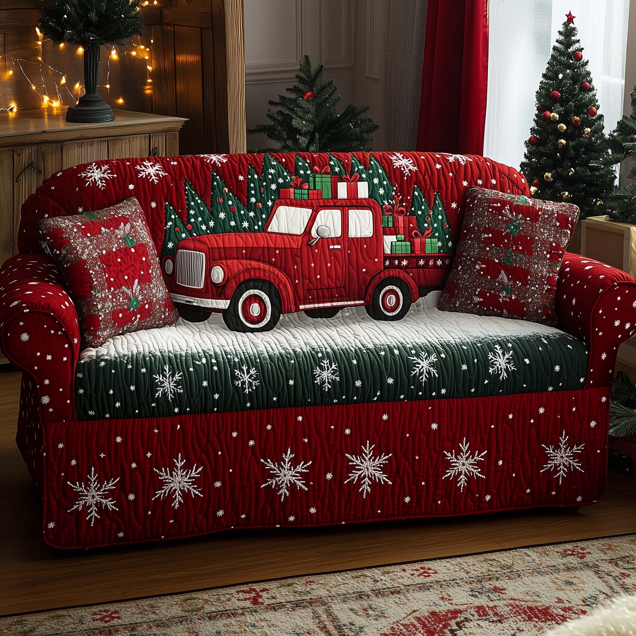 Classic Red Truck Quilted Sofa Cover Christmas Home Couch Cover Cute Room Decor Finds - Tradiviet