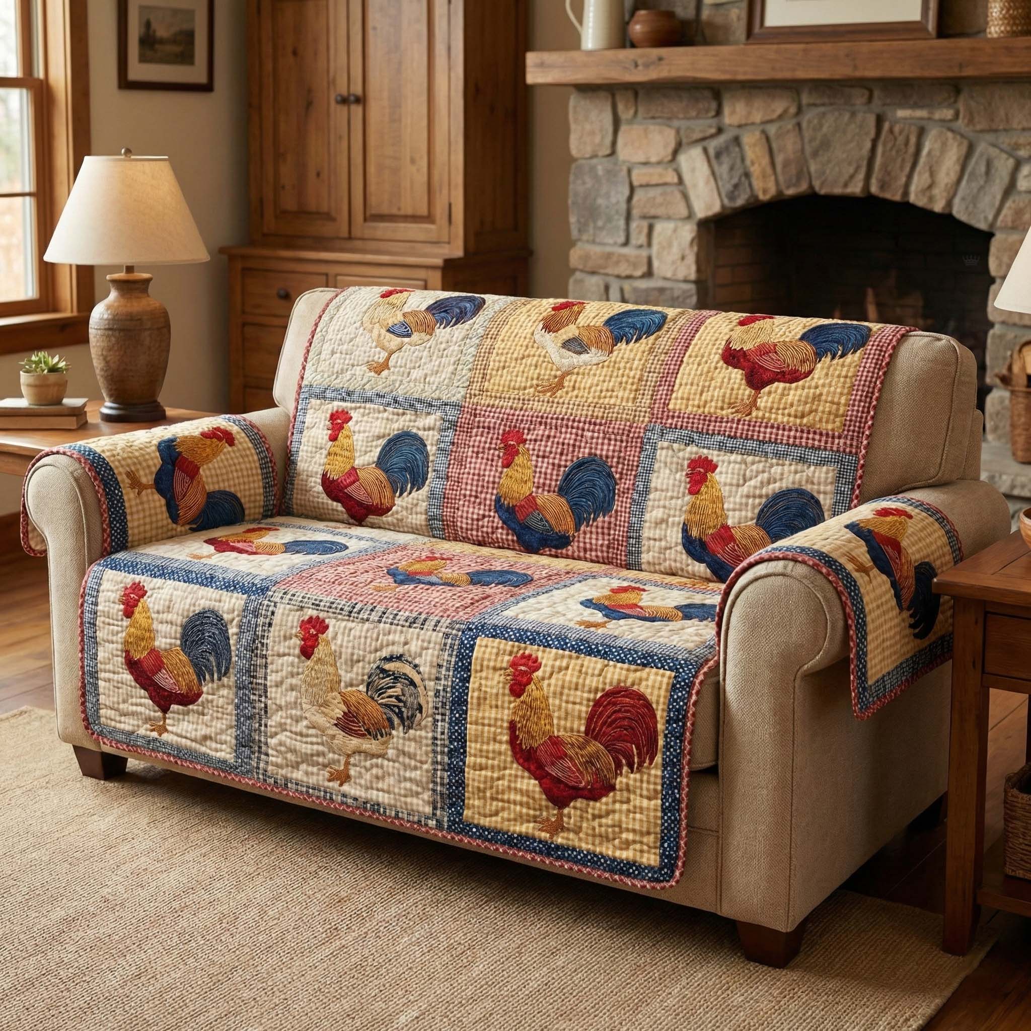 Classic Roosters Quilted Sofa Cover Farmhouse Home Couch Cover Unique Housewarming Gift Ideas - Tradiviet