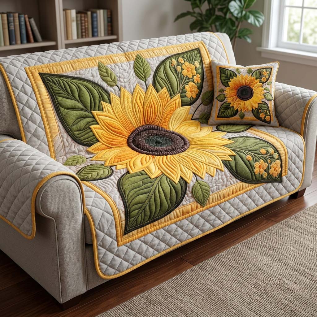 Classic Sunflower Quilted Sofa Cover Cozy Room Decor Sunrise Lover Gift Ideas - Tradiviet
