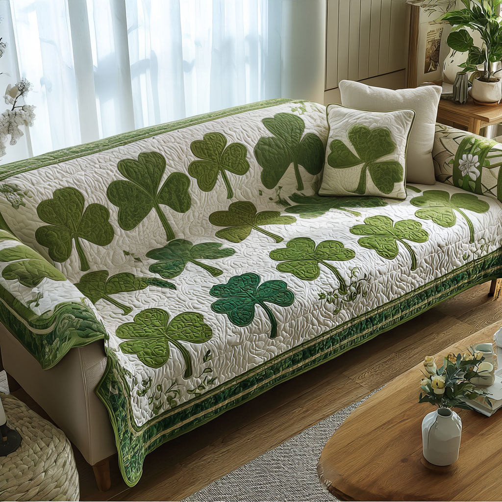 Clover Bliss Quilted Sofa Cover Nice Couch Covers St Patrick's Day Gifts For Him - Tradiviet