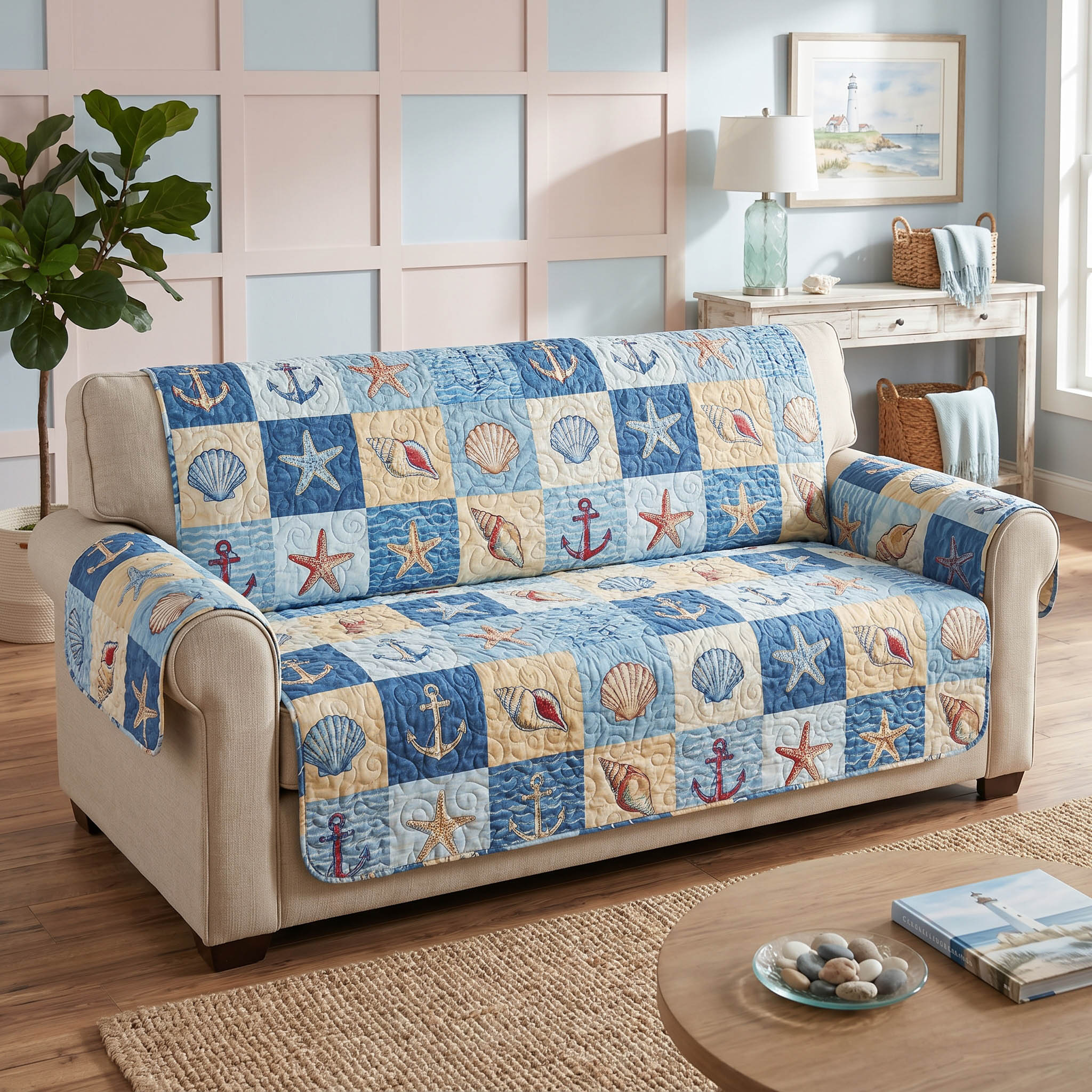 Coastal Breeze Quilted Sofa Cover Natural Room Decor Gift For Cozy Spaces - Tradiviet