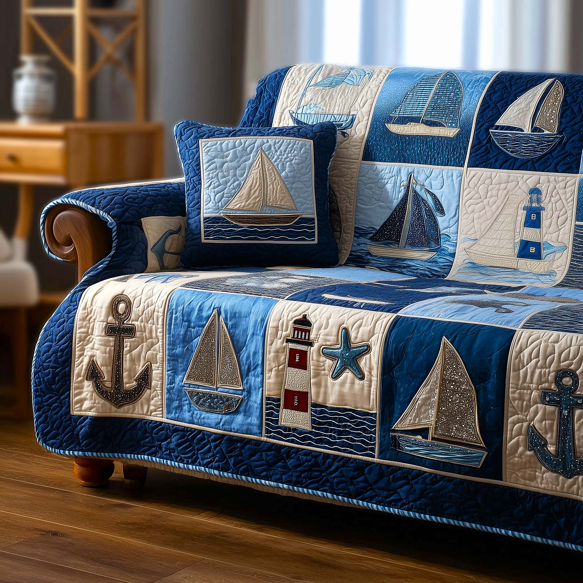 Coastal Charm Quilted Sofa Cover Coastal Home Couch Cover Bear Boyfriend Gift Ideas - Tradiviet