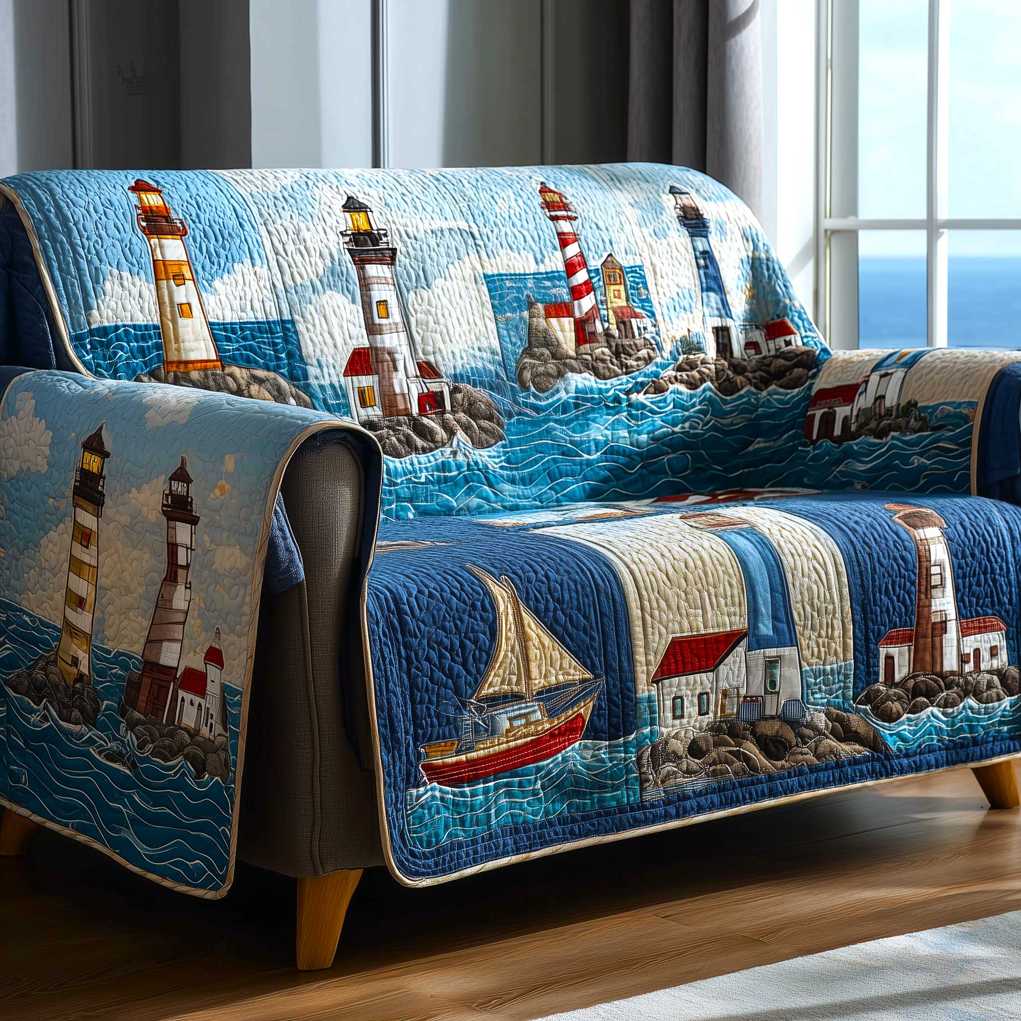 Coastal Patch Quilted Sofa Cover Coastal Home Couch Cover Cute Room Decor Gifts - Tradiviet