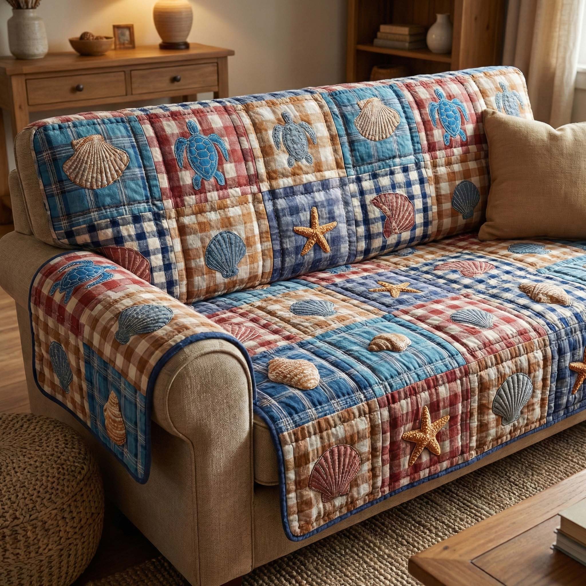 Coastal Patch Quilted Sofa Cover Coastal Home Couch Cover Gifts For House Lovers - Tradiviet