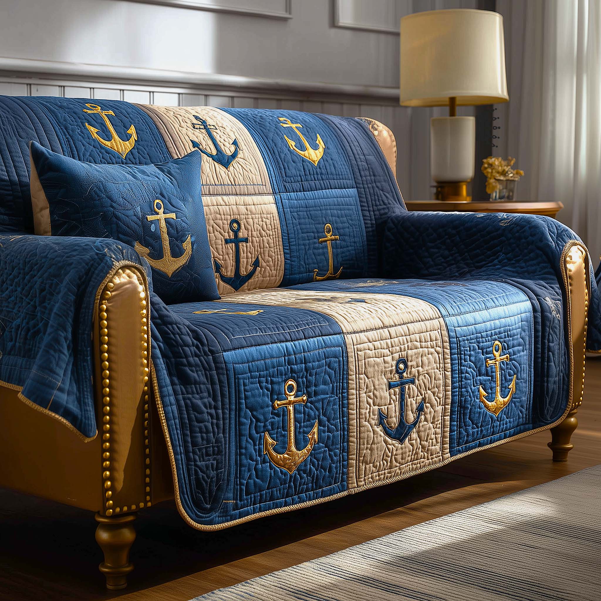 Coastal Patch Quilted Sofa Cover Coastal Home Couch Cover Home Gifts For Him - Tradiviet