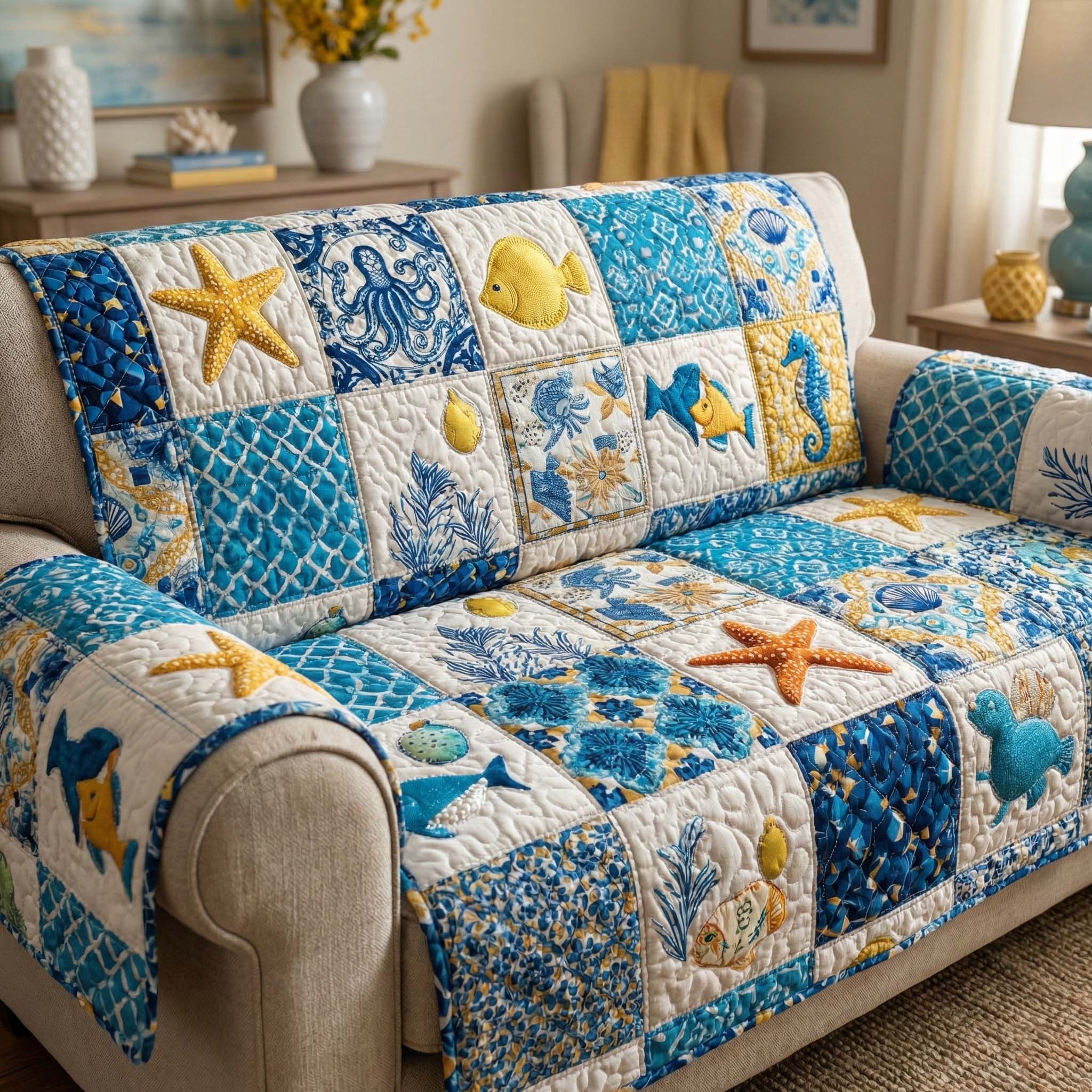 Coastal Quilt Quilted Sofa Cover Coastal Home Couch Cover Presents For New Home - Tradiviet