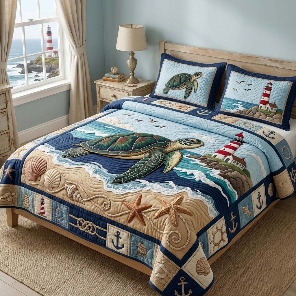 Coastal Turtle Haven Quilted Bedding Set Coastal Turtle Motif Gift For Coastal Turtle - Tradiviet