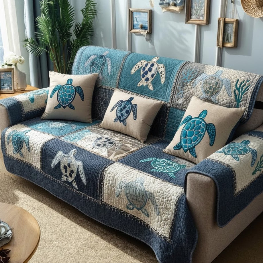 Coastal Turtle Quilted Sofa Cover Home Decor Sea Turtle Gifts For Mom - Tradiviet