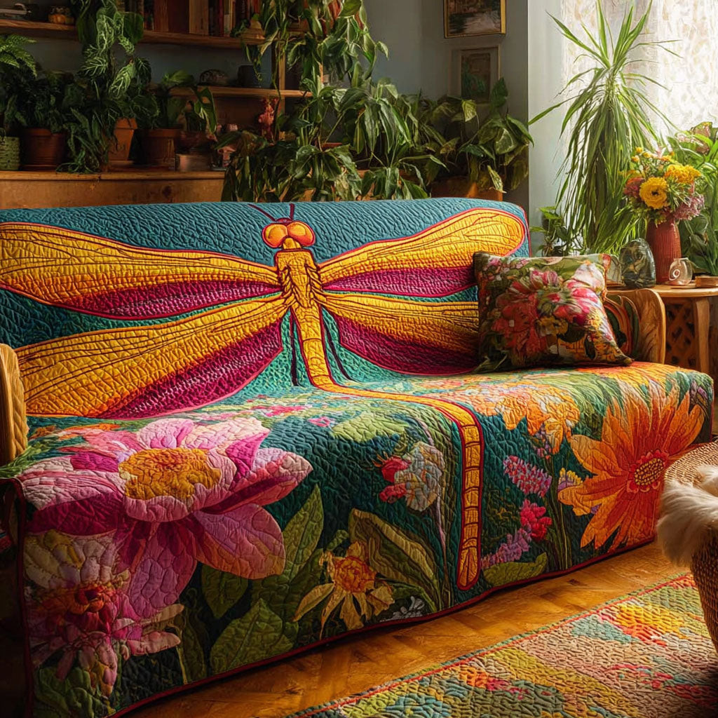 Color Bloom Quilted Sofa Cover Couch Protector Great Dragonfly Lover Gifts - Tradiviet