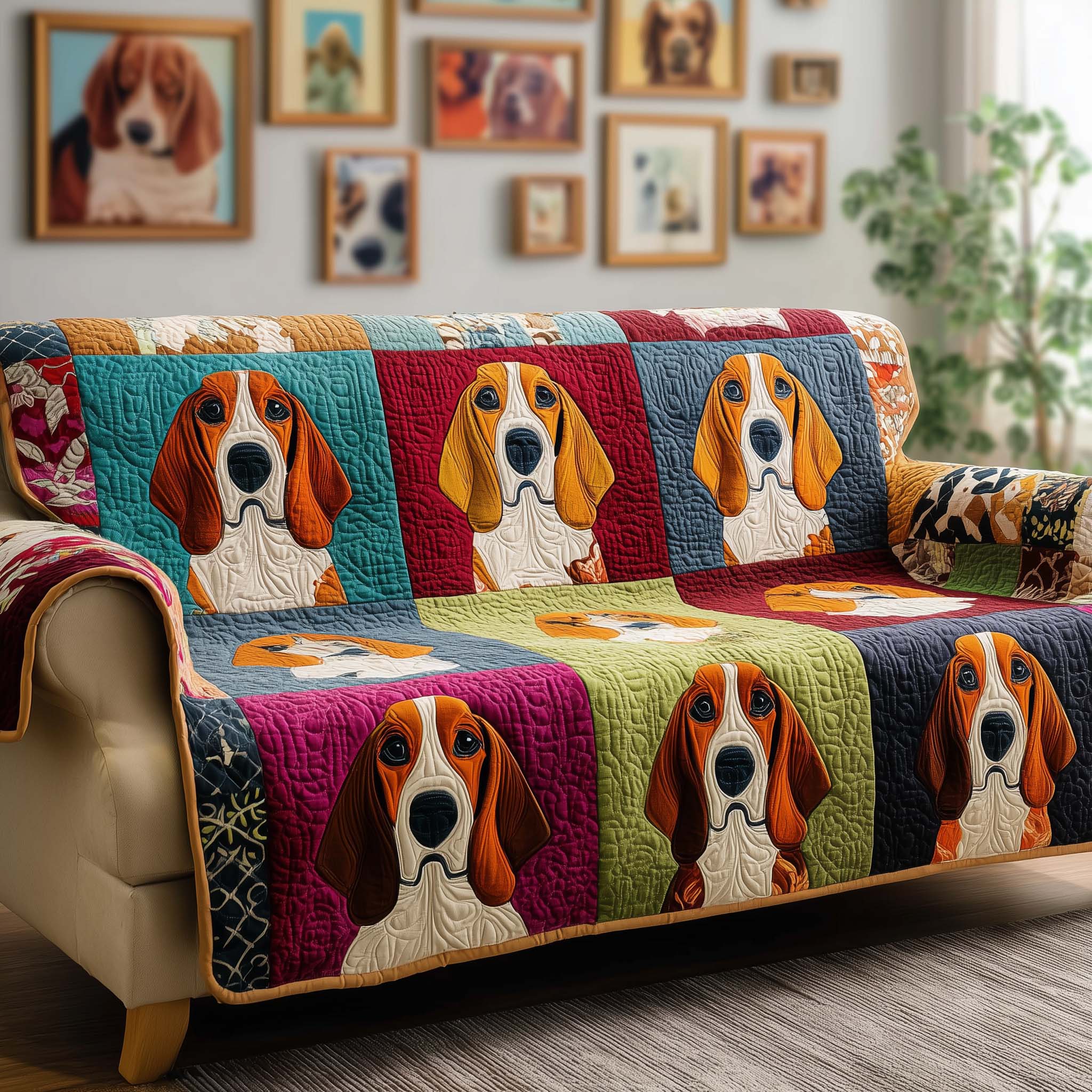 Colorful Basset Quilted Sofa Cover Pet Home Couch Cover Home Lover Gift Ideas - Tradiviet