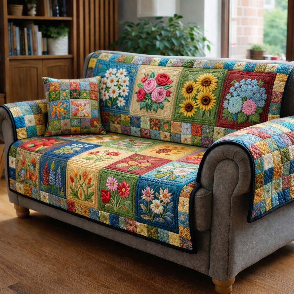 Colorful Blossom Patchwork Quilted Sofa Cover Floral Home Couch Cover Home Gift For Her - Tradiviet