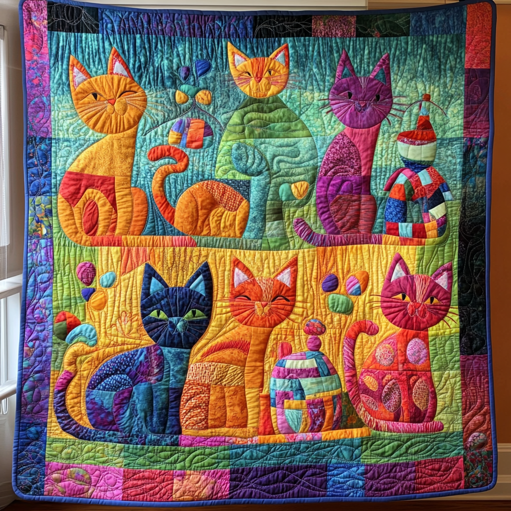 Colorful Cat And Yarns Quilted Blanket America's 250 Birthday Unique Patriotic Gifts - Tradiviet