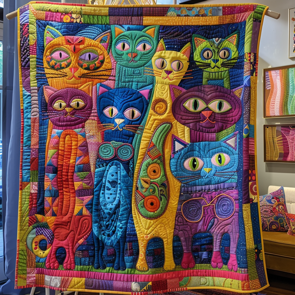 Colorful Cats and Flowers Quilted Blanket Best 4Th Of July Patriotic Birthday Gifts - Tradiviet