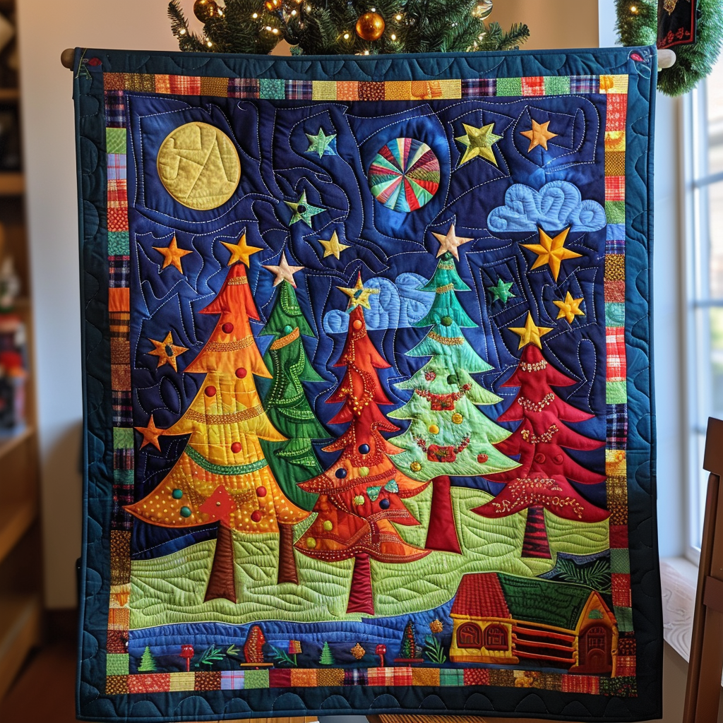 Colorful Christmas Tree Quilted Blanket Fourth Of July Gift For Patriots - Tradiviet