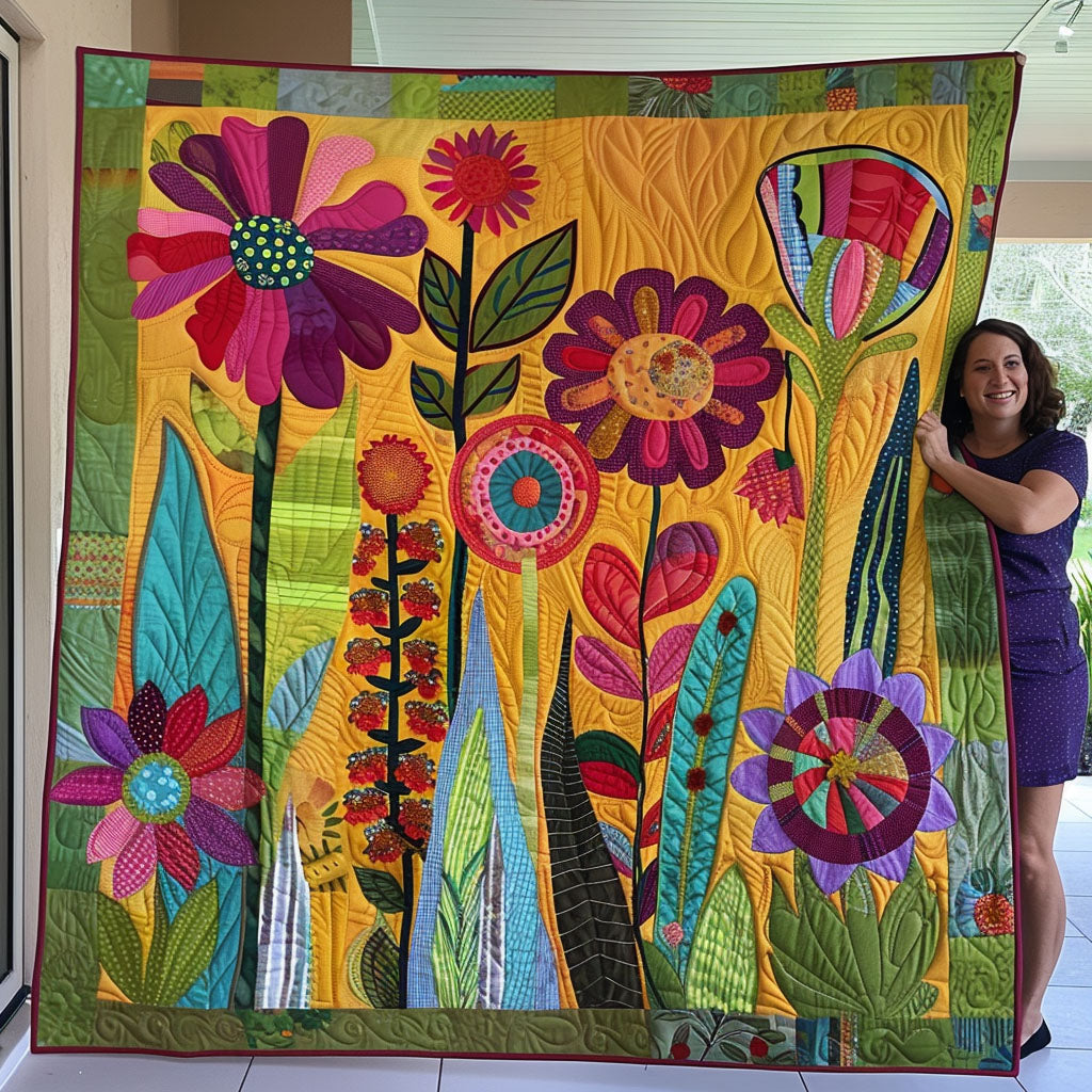 Colorful Flower Fields Quilted Blanket USA 250Th Anniversary Gift For Aunt - Tradiviet